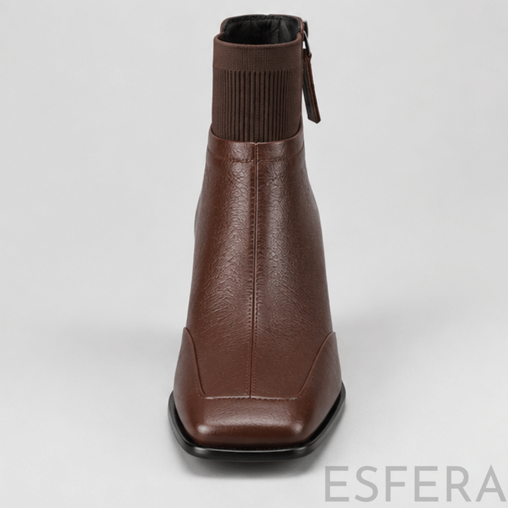 Bota Mulher de Salto Médio com Bico Quadrado Castanho