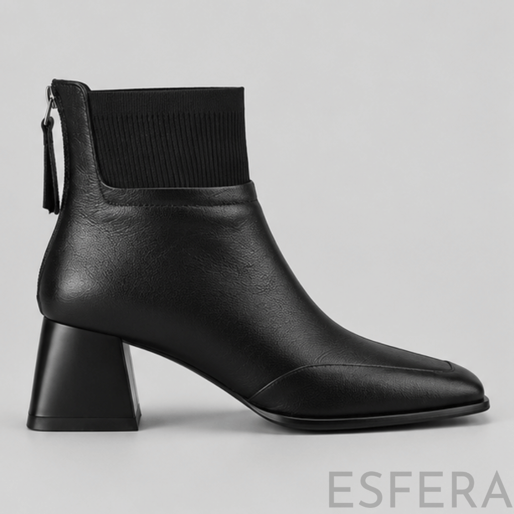 Bota Mulher de Salto Médio com Bico Quadrado Preto