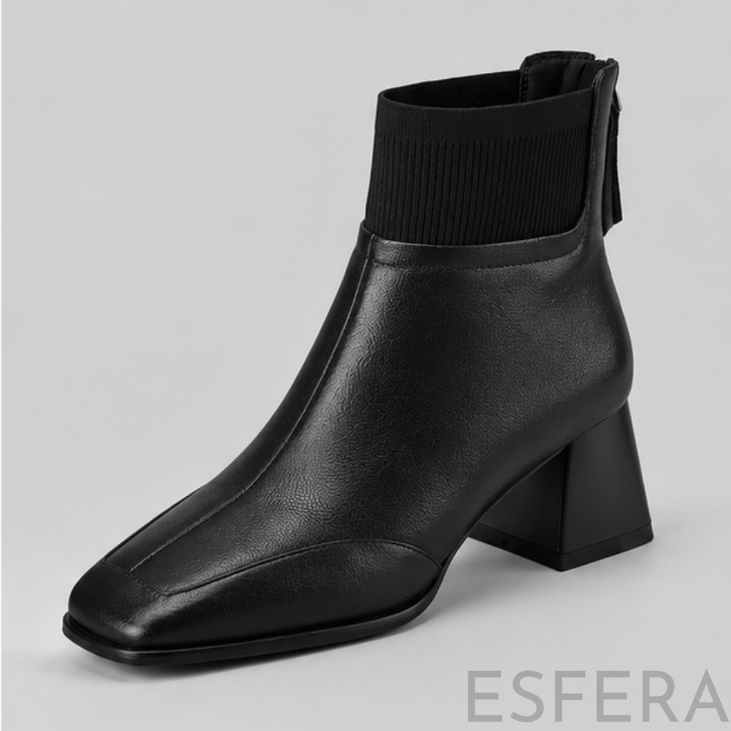 Bota Mulher de Salto Médio com Bico Quadrado Preto