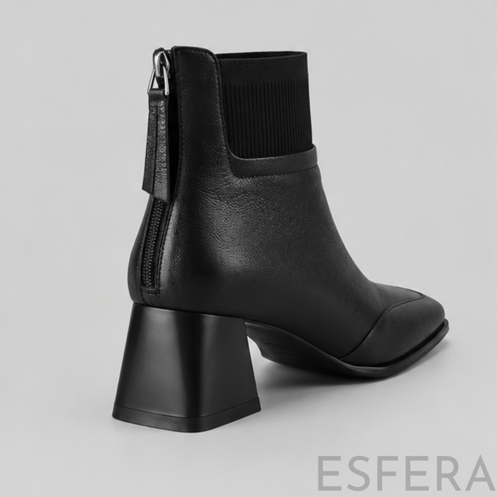 Bota Mulher de Salto Médio com Bico Quadrado Preto
