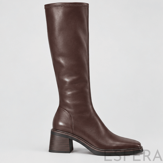 Bota de Cano Alto ao Joelho para Mulher com Salto Grosso e Fecho Castanho