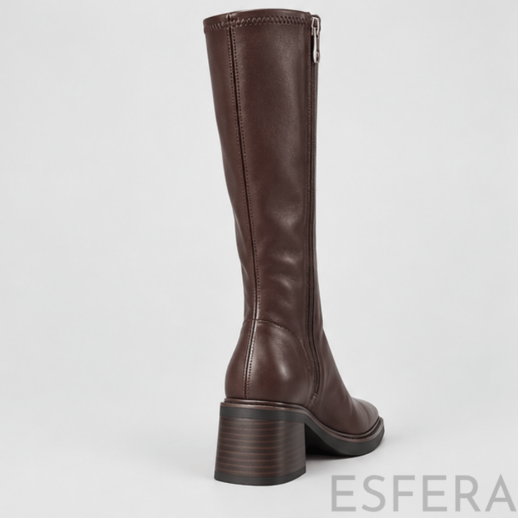 Bota de Cano Alto ao Joelho para Mulher com Salto Grosso e Fecho Castanho