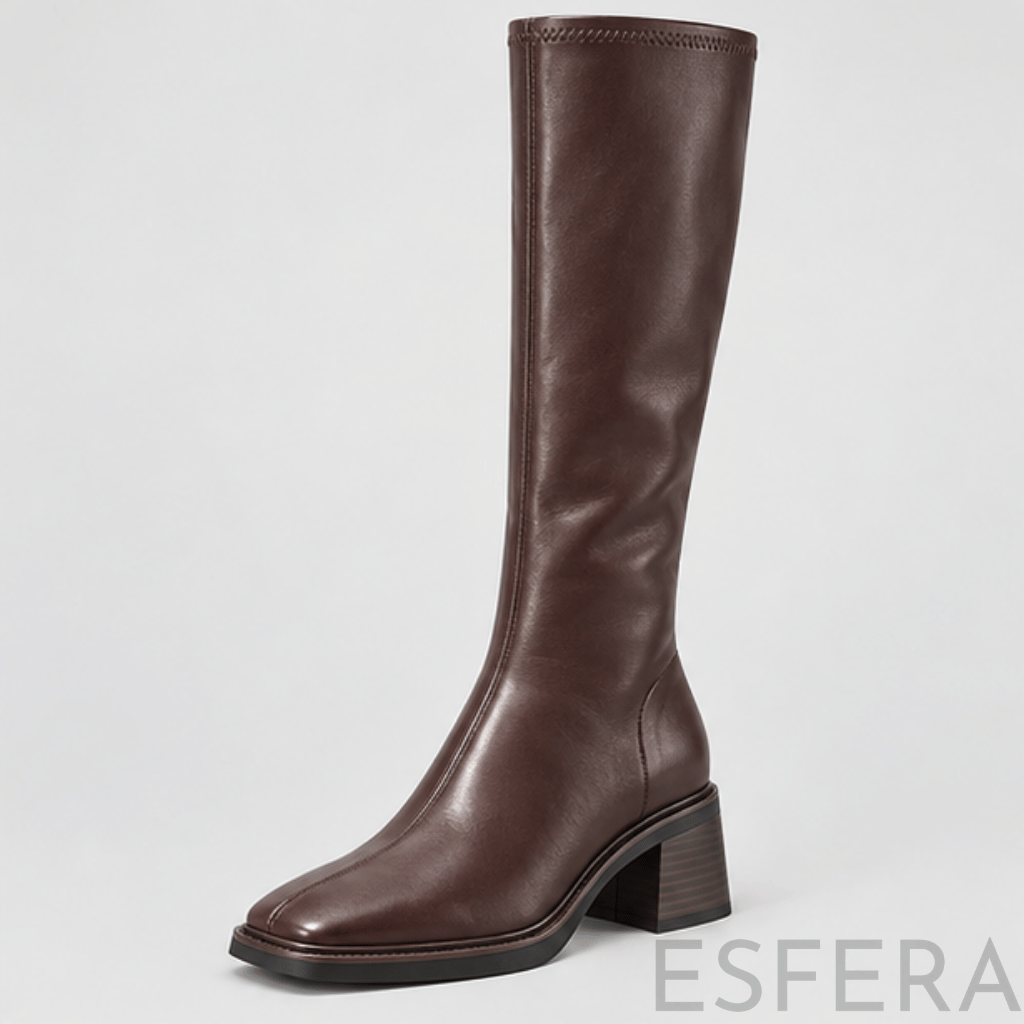 Bota de Cano Alto ao Joelho para Mulher com Salto Grosso e Fecho Castanho