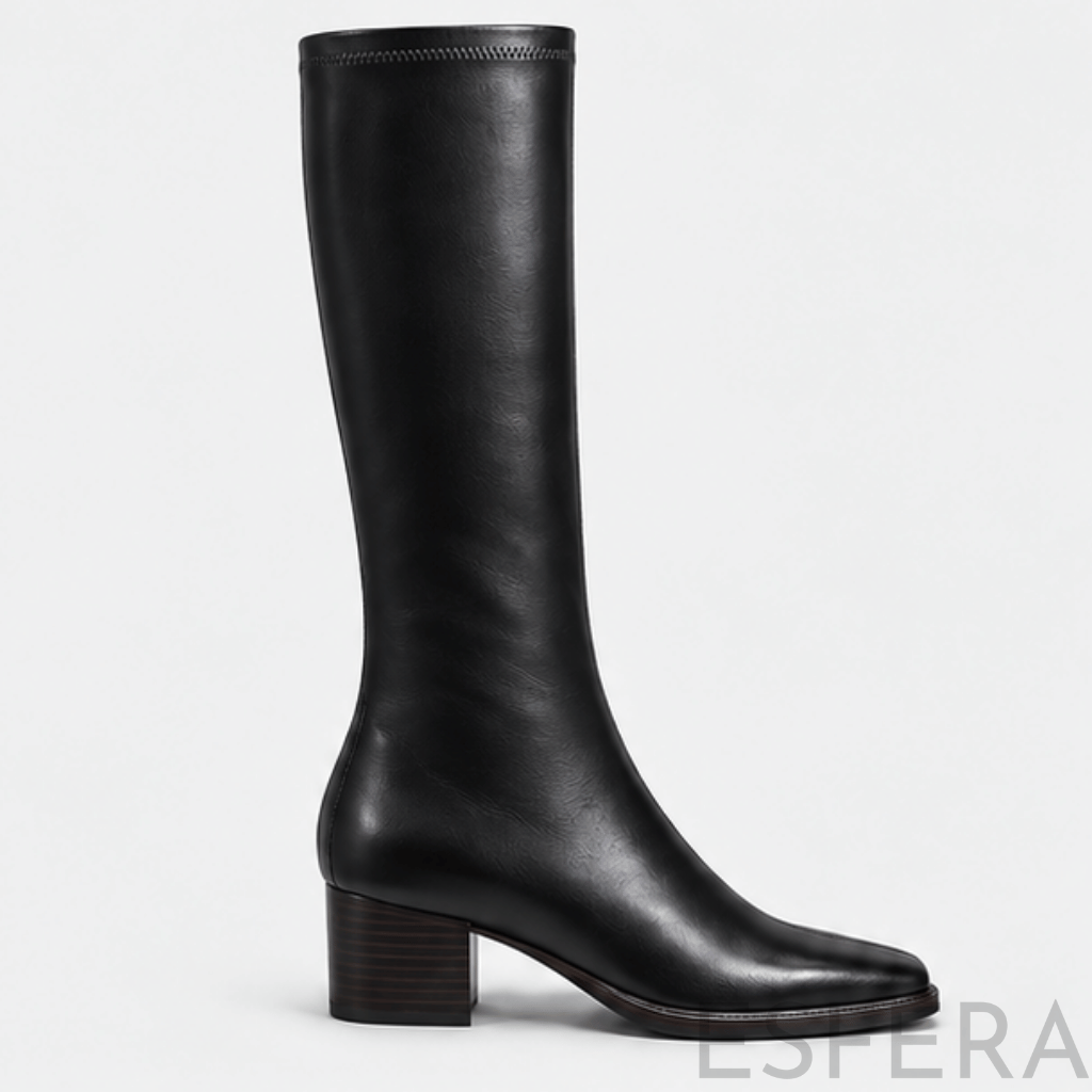 Bota de Cano Alto ao Joelho para Mulher com Salto Grosso e Fecho Preto