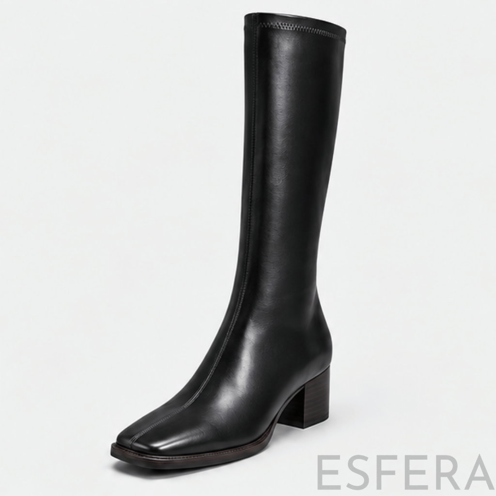 Bota de Cano Alto ao Joelho para Mulher com Salto Grosso e Fecho Preto
