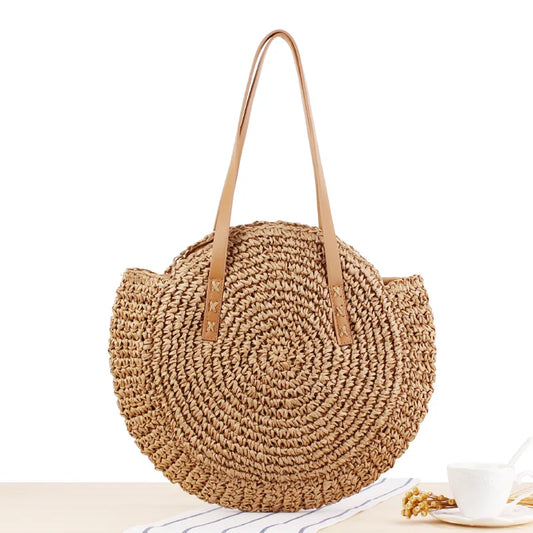 Geneviève | Bohemian Round Braided Straw Bag Camel Natural