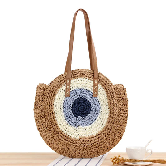 Geneviève | Round Braided Straw Bohemian Camel Evil Eye Bag