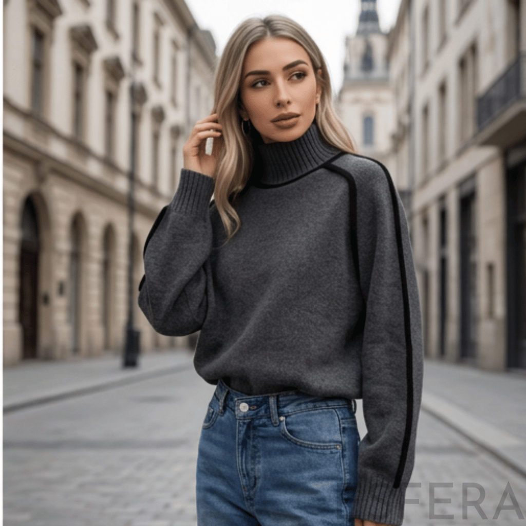 Camisola Mulher de Gola Alta com Corte Solto Cinzento Escuro