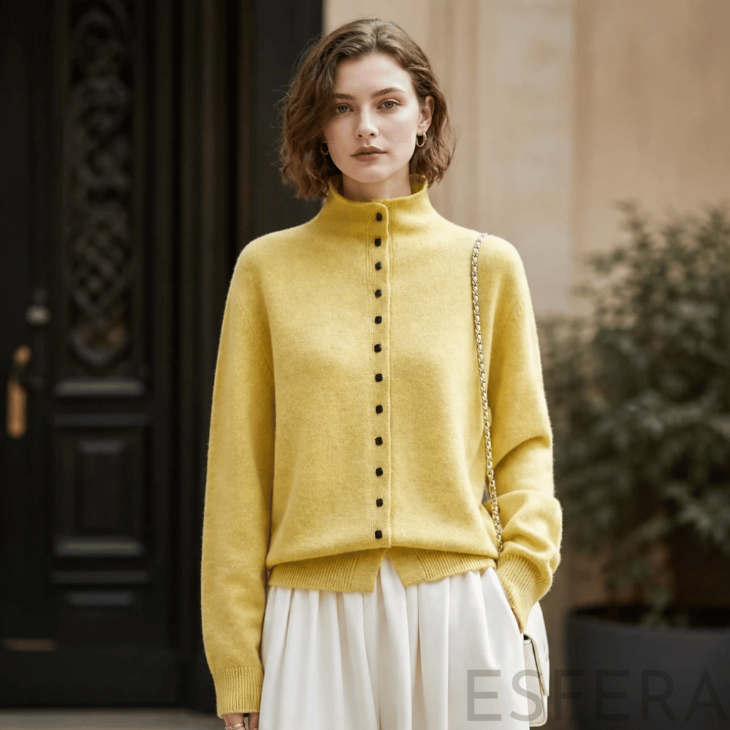 Cardigan Mulher de Lã Merino com Gola Alta Amarelo