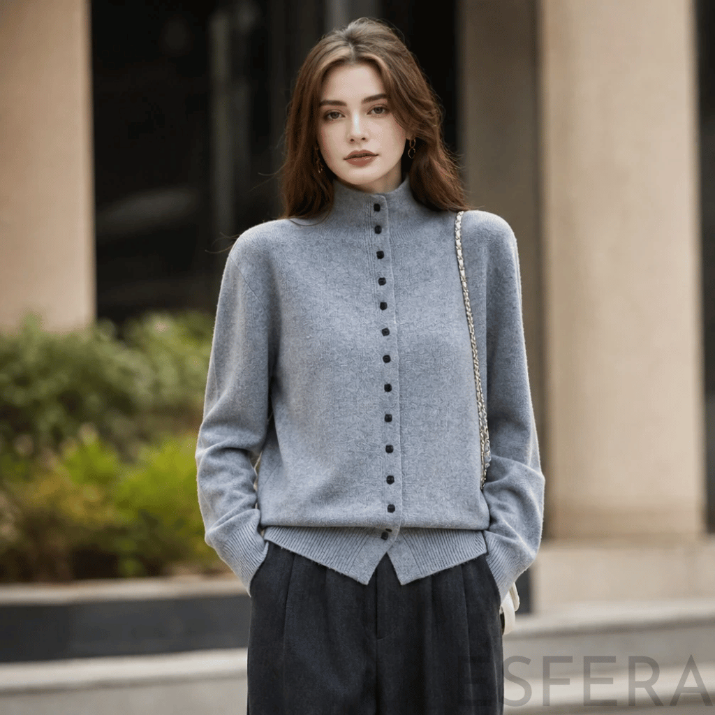 Cardigan Mulher de Lã Merino com Gola Alta Cinzento Claro