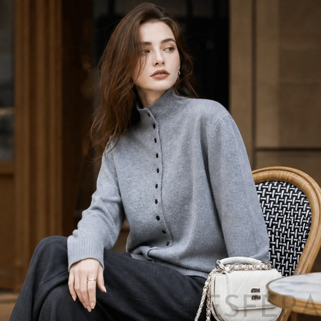 Cardigan Mulher de Lã Merino com Gola Alta Cinzento Claro
