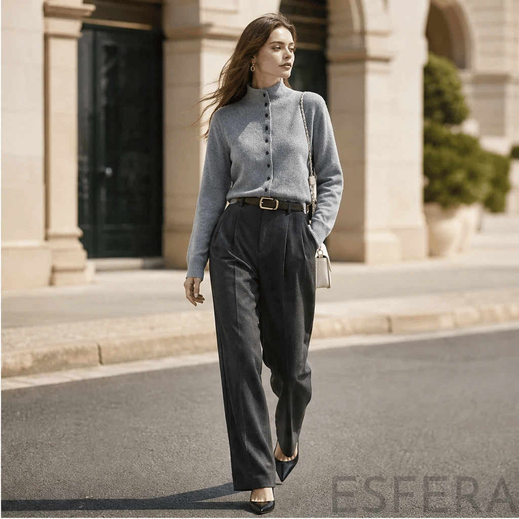 Cardigan Mulher de Lã Merino com Gola Alta Cinzento Claro