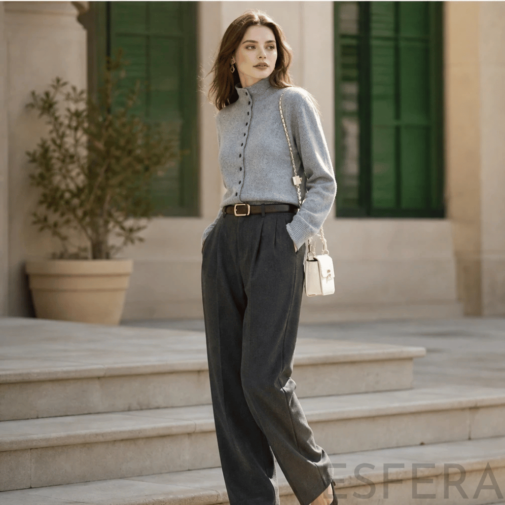 Cardigan Mulher de Lã Merino com Gola Alta Cinzento Claro