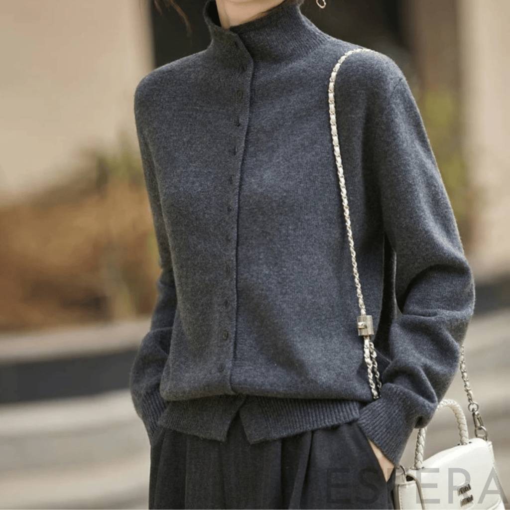 Cardigan Mulher de Lã Merino com Gola Alta Cinzento Escuro