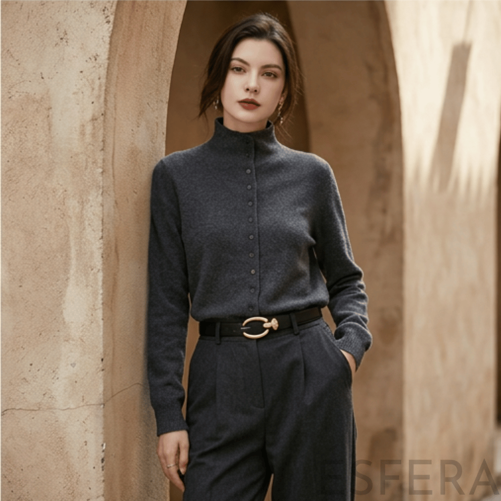 Cardigan Mulher de Lã Merino com Gola Alta Cinzento Escuro