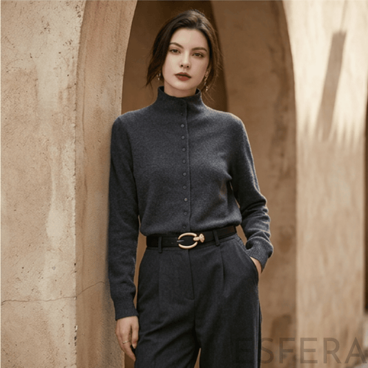Cardigan Mulher de Lã Merino com Gola Alta Cinzento Escuro