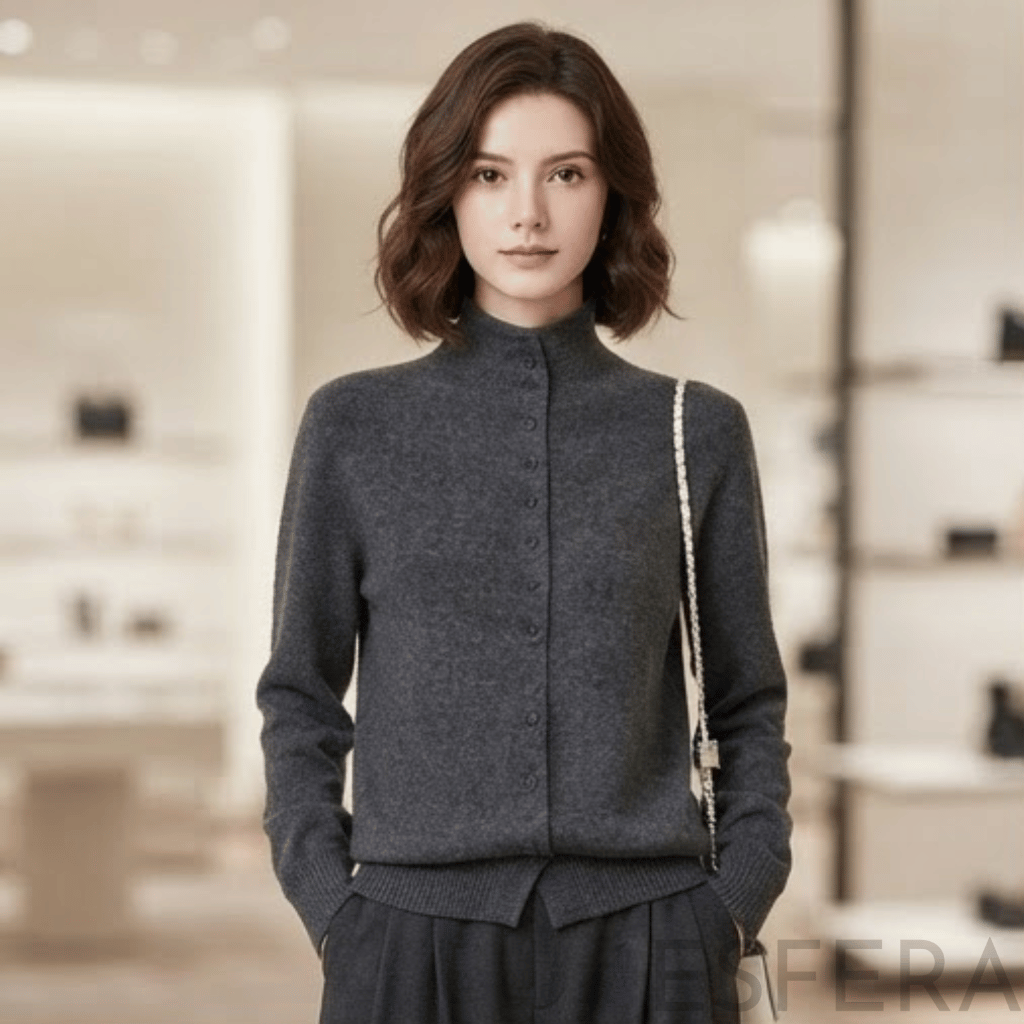 Cardigan Mulher de Lã Merino com Gola Alta Cinzento Escuro