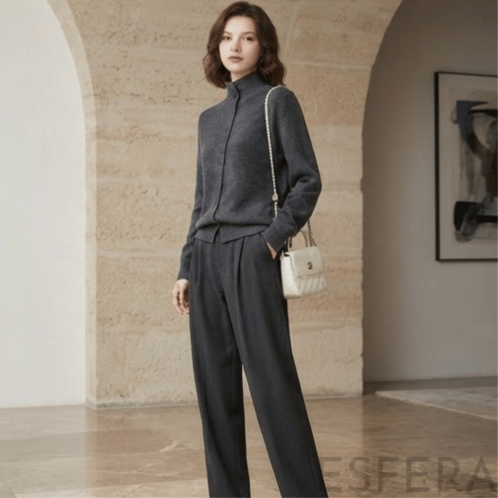 Cardigan Mulher de Lã Merino com Gola Alta Cinzento Escuro