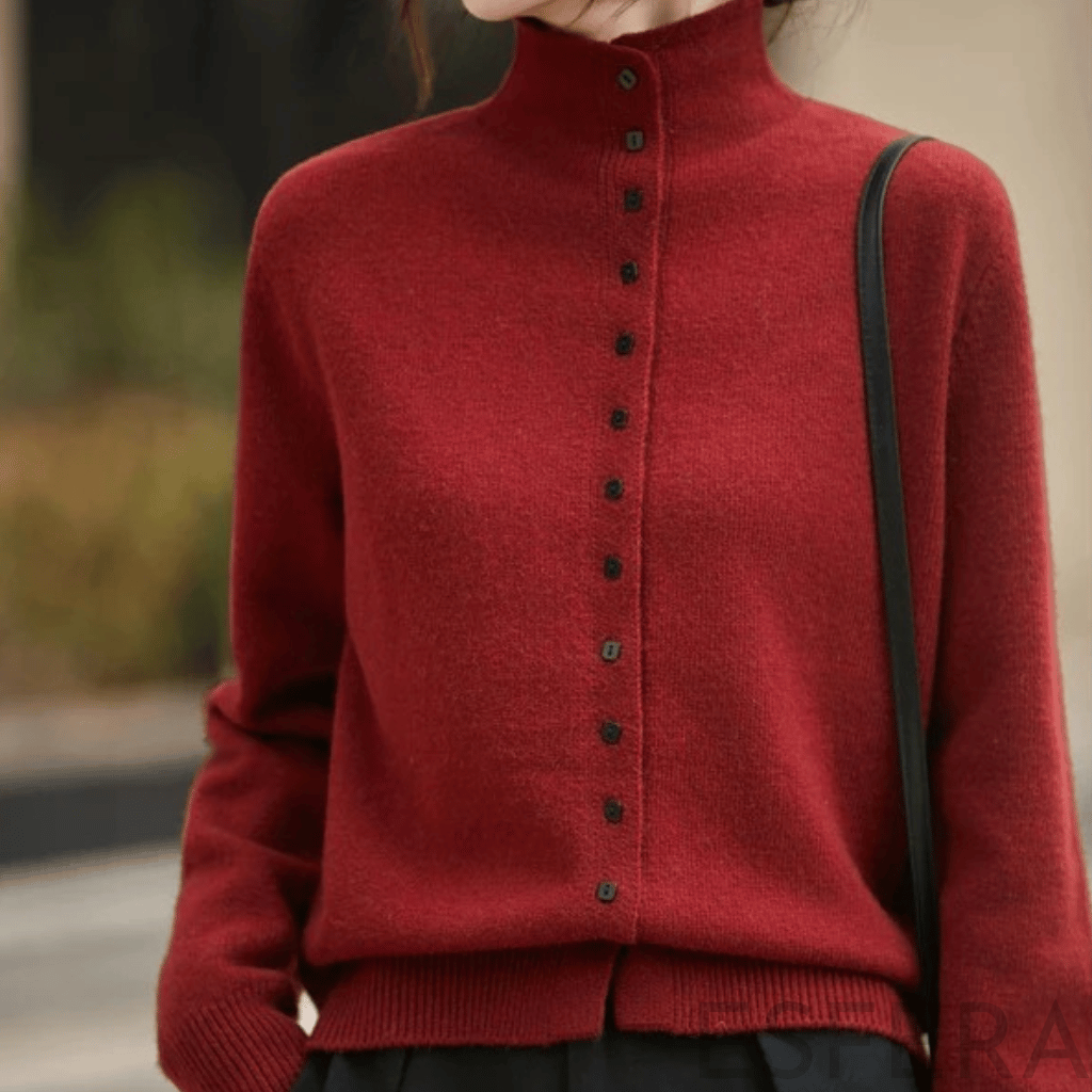 Cardigan Mulher de Lã Merino com Gola Alta Vermelho