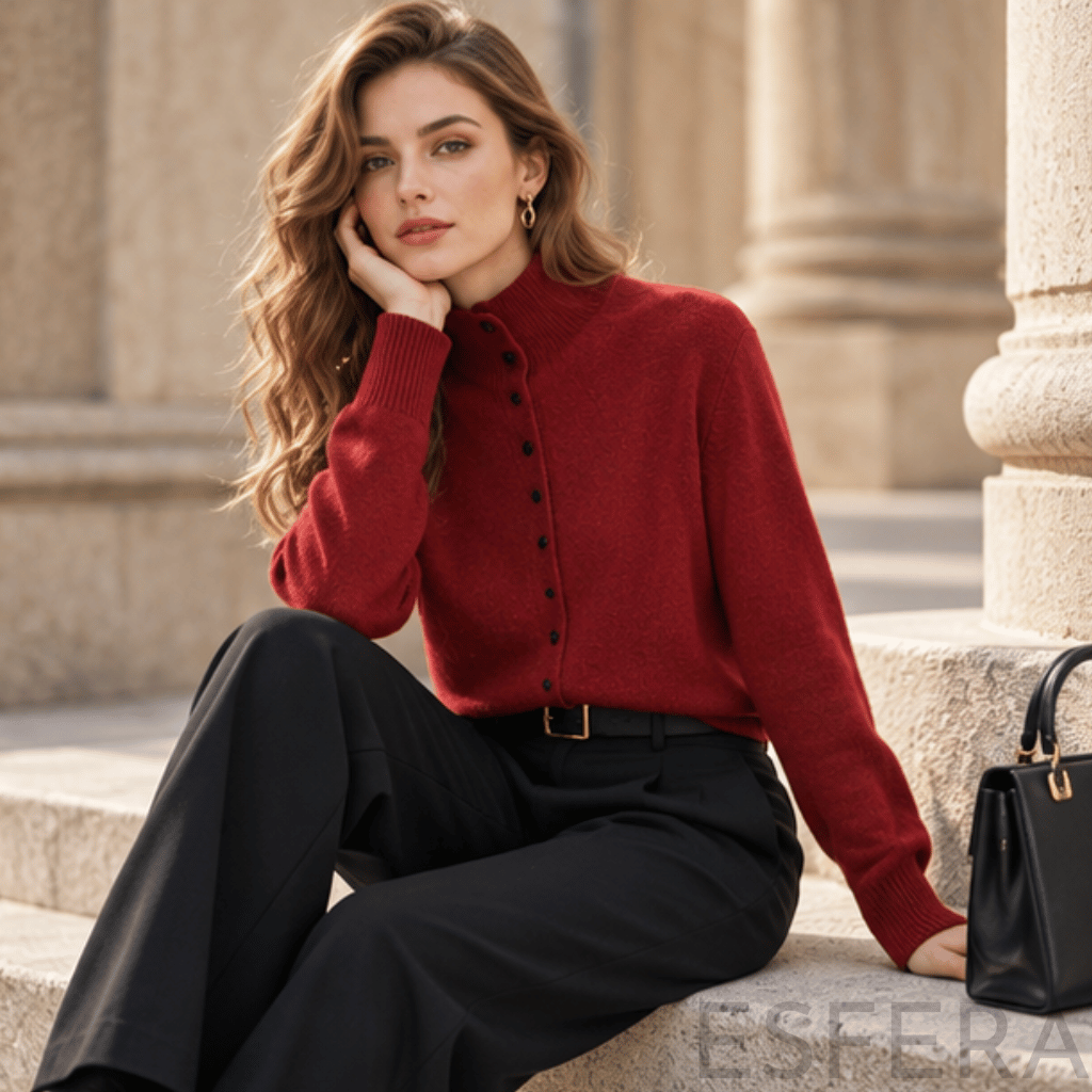 Cardigan Mulher de Lã Merino com Gola Alta Vermelho