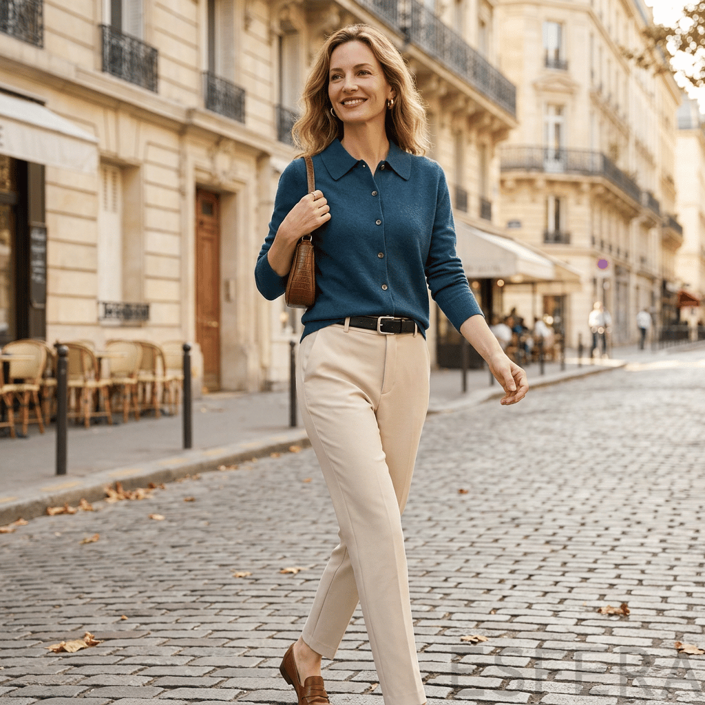 Cardigan Mulher de Malha com Gola Polo Azul