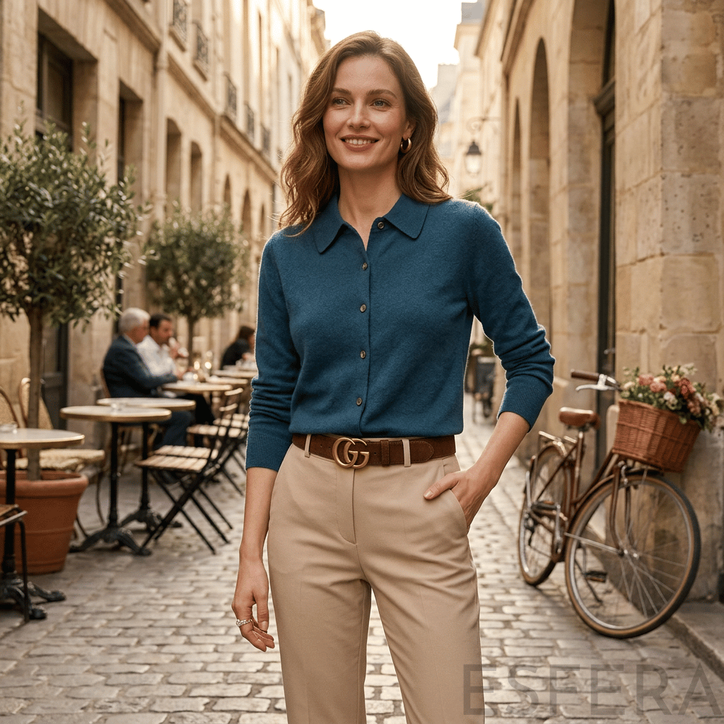 Cardigan Mulher de Malha com Gola Polo Azul