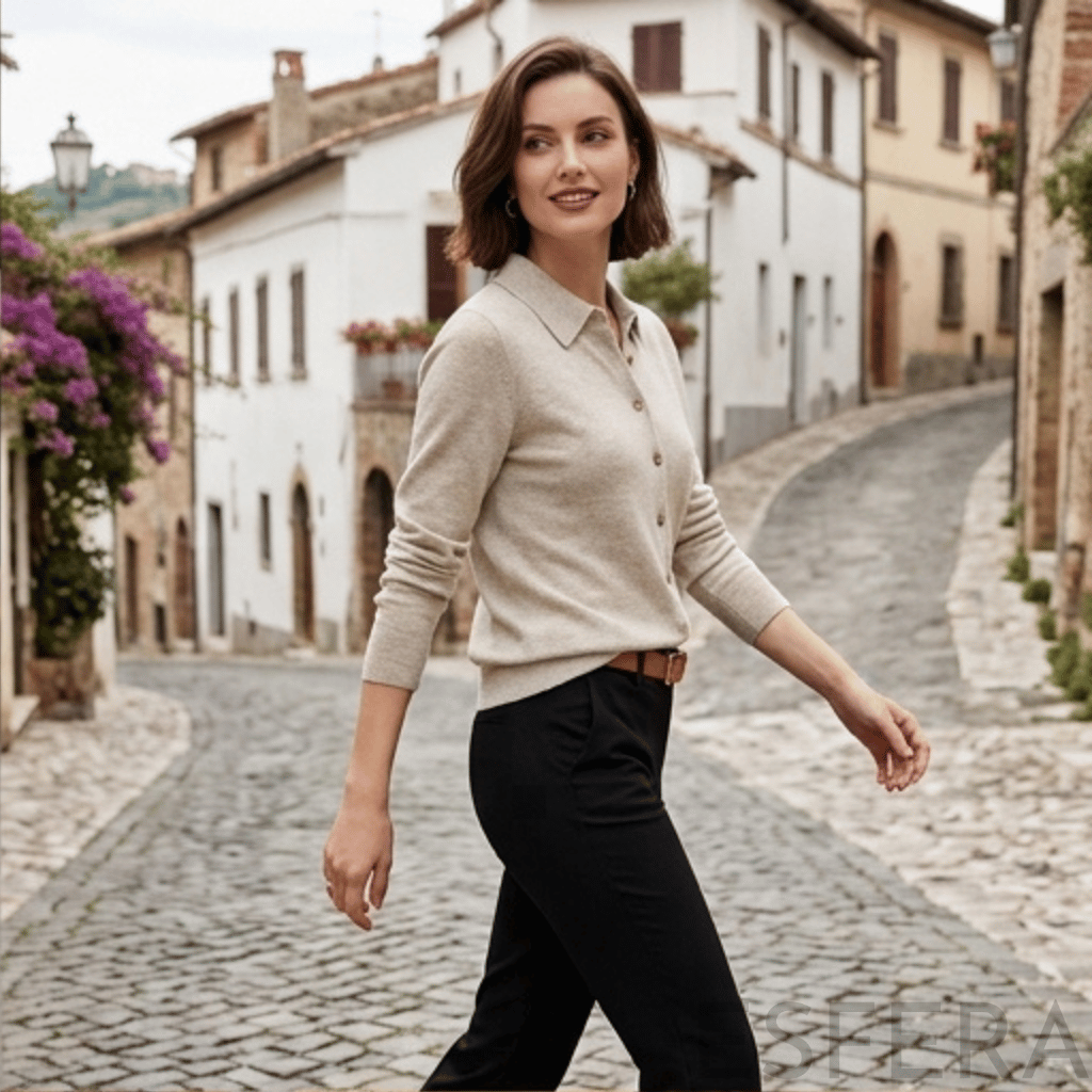 Cardigan Mulher de Malha com Gola Polo Cinzento