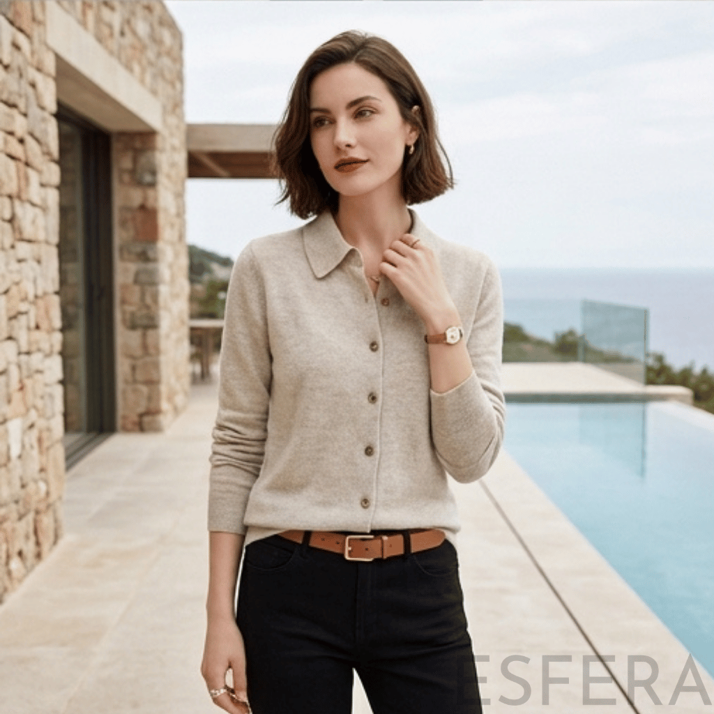 Cardigan Mulher de Malha com Gola Polo Cinzento