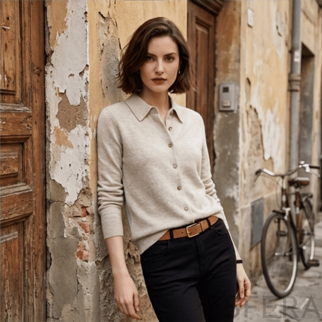 Cardigan Mulher de Malha com Gola Polo Cinzento