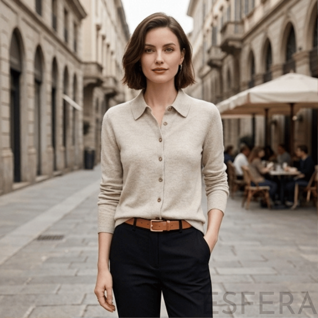 Cardigan Mulher de Malha com Gola Polo Cinzento