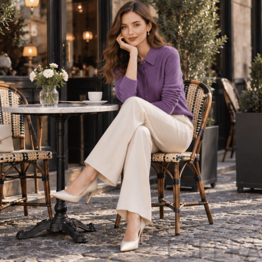 Cardigan Mulher de Malha com Gola Polo Lilás