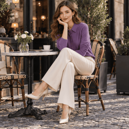 Cardigan Mulher de Malha com Gola Polo Lilás