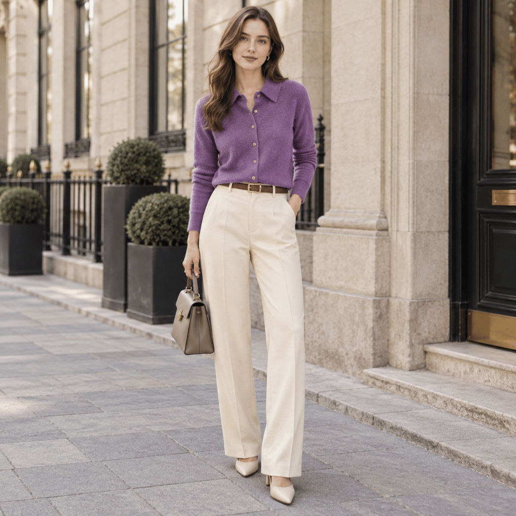 Cardigan Mulher de Malha com Gola Polo Lilás