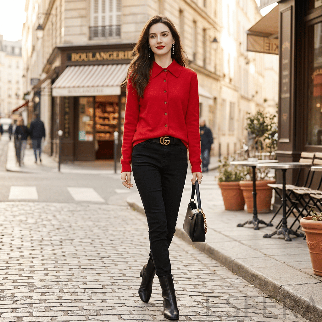 Cardigan Mulher de Malha com Gola Polo Vermelho