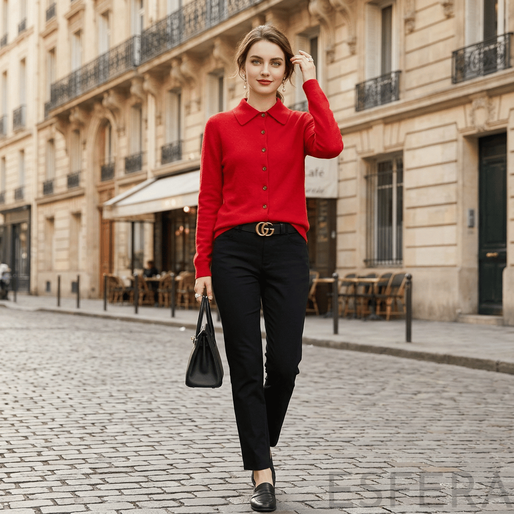 Cardigan Mulher de Malha com Gola Polo Vermelho