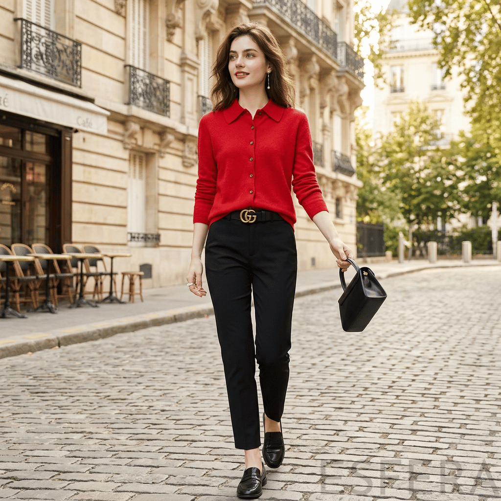 Cardigan Mulher de Malha com Gola Polo Vermelho