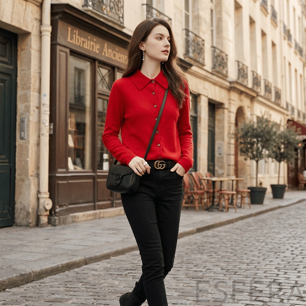 Cardigan Mulher de Malha com Gola Polo Vermelho