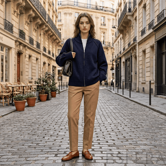 Cardigan Mulher de Tricô com Gola Alta e Zíper Azul