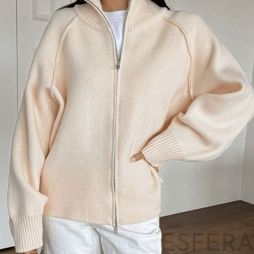Cardigan Mulher de Tricô com Gola Alta e Zíper Bege