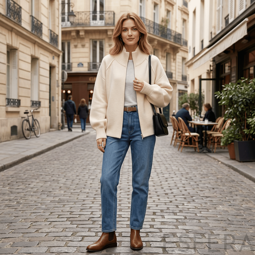 Cardigan Mulher de Tricô com Gola Alta e Zíper Bege
