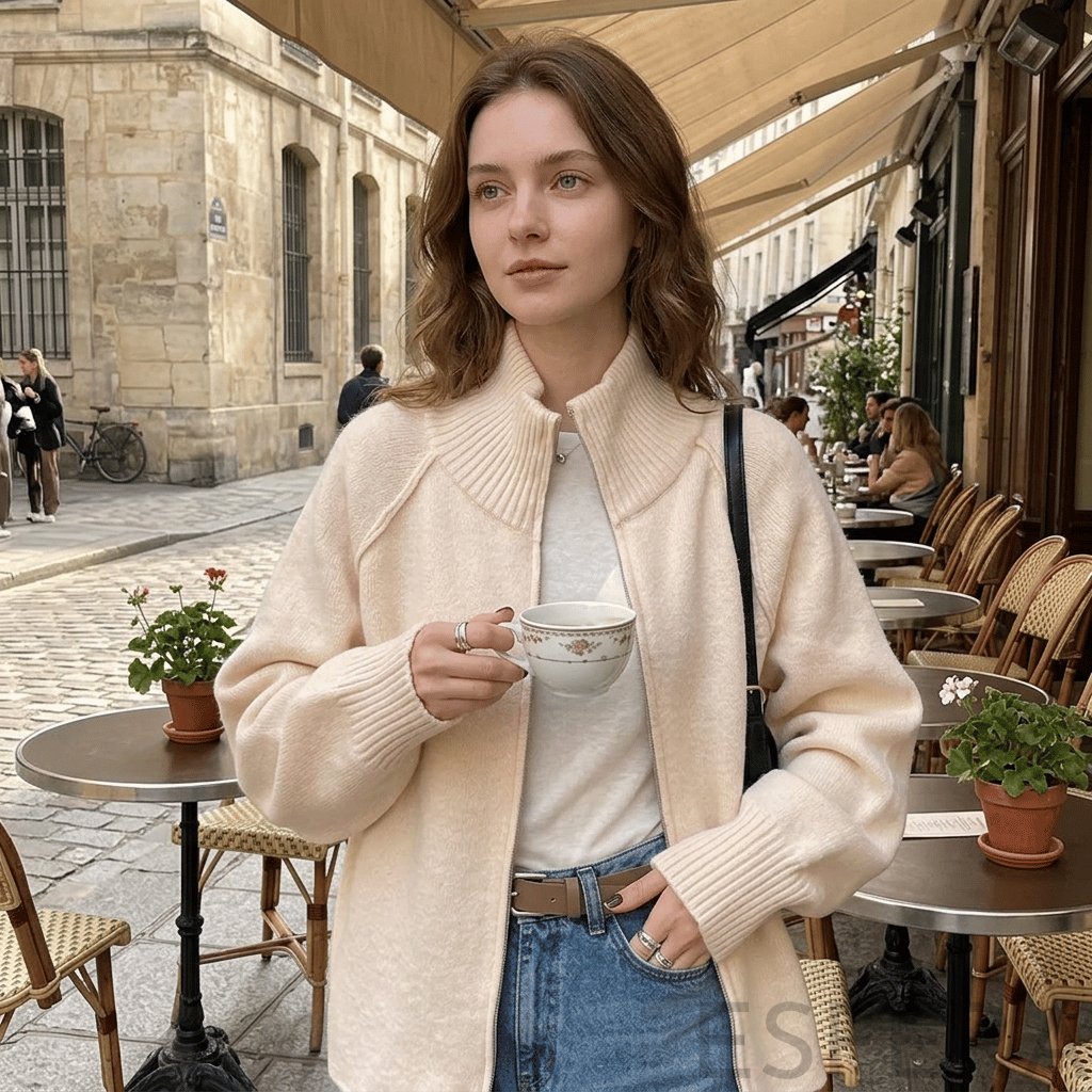 Cardigan Mulher de Tricô com Gola Alta e Zíper Bege