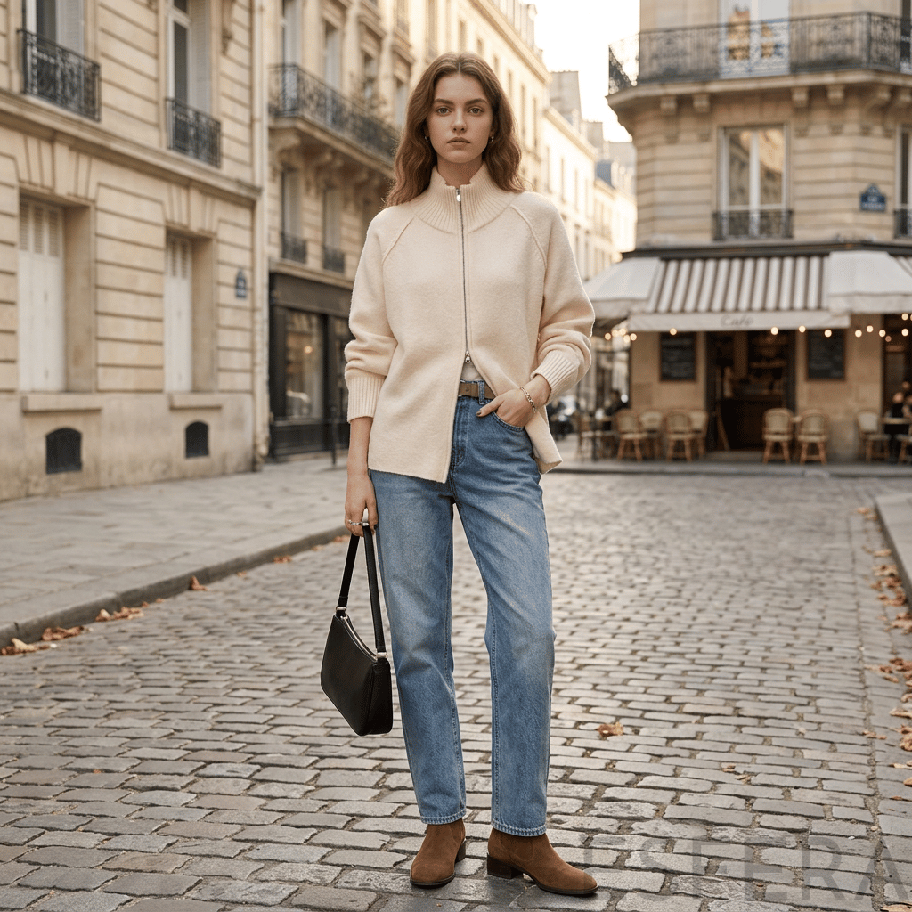 Cardigan Mulher de Tricô com Gola Alta e Zíper Bege