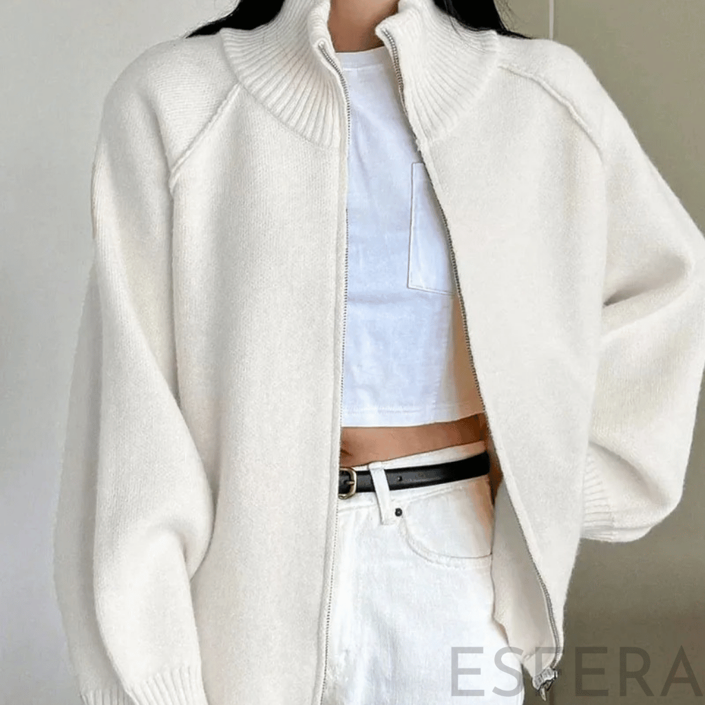 Cardigan Mulher de Tricô com Gola Alta e Zíper Branco