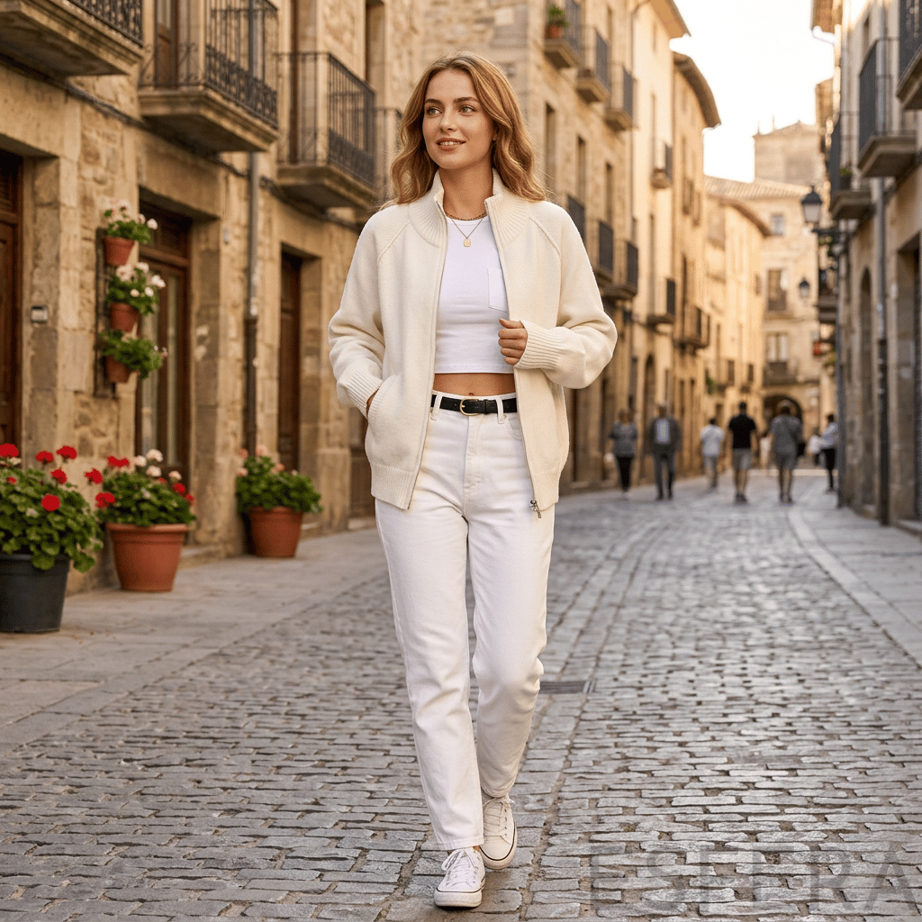 Cardigan Mulher de Tricô com Gola Alta e Zíper Branco