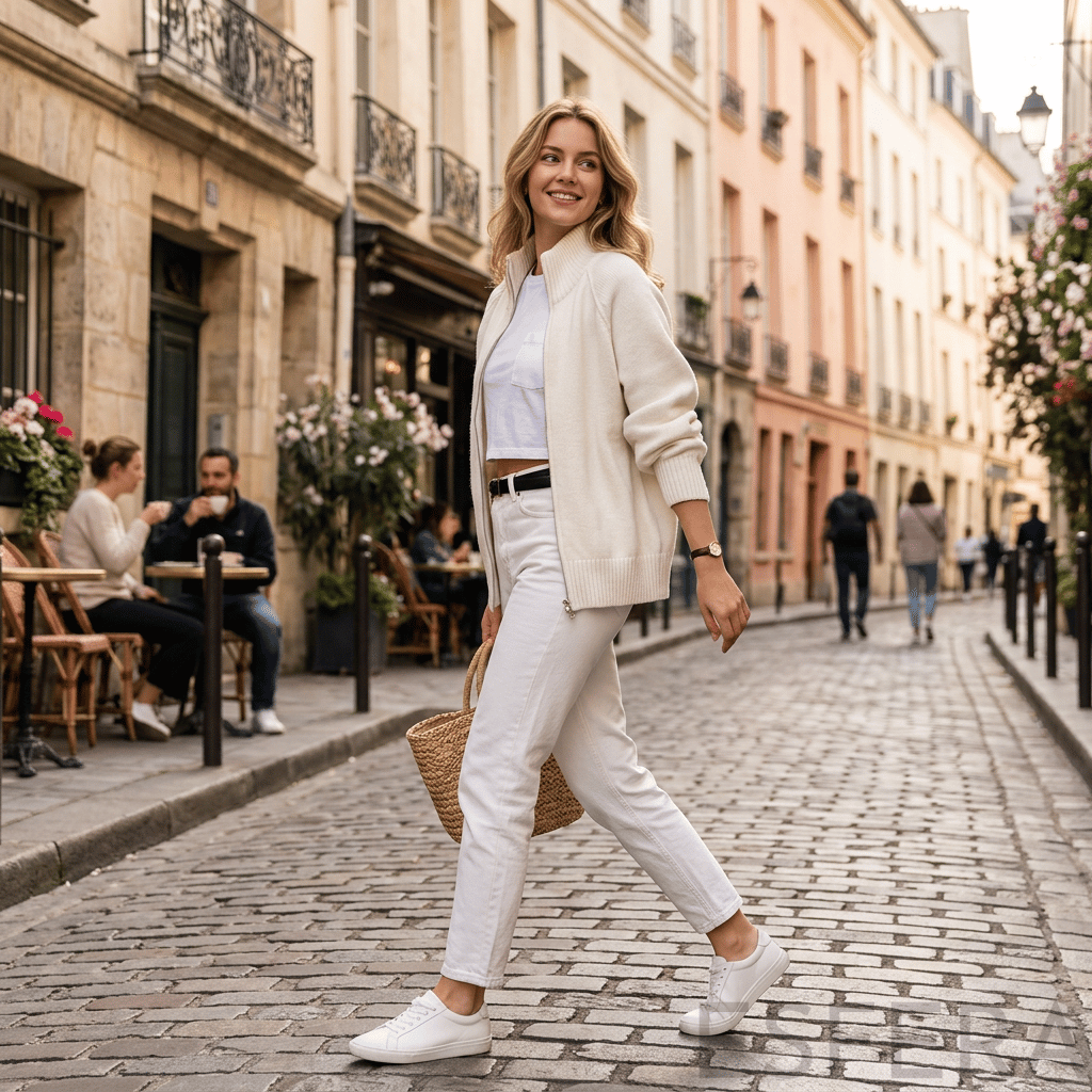 Cardigan Mulher de Tricô com Gola Alta e Zíper Branco