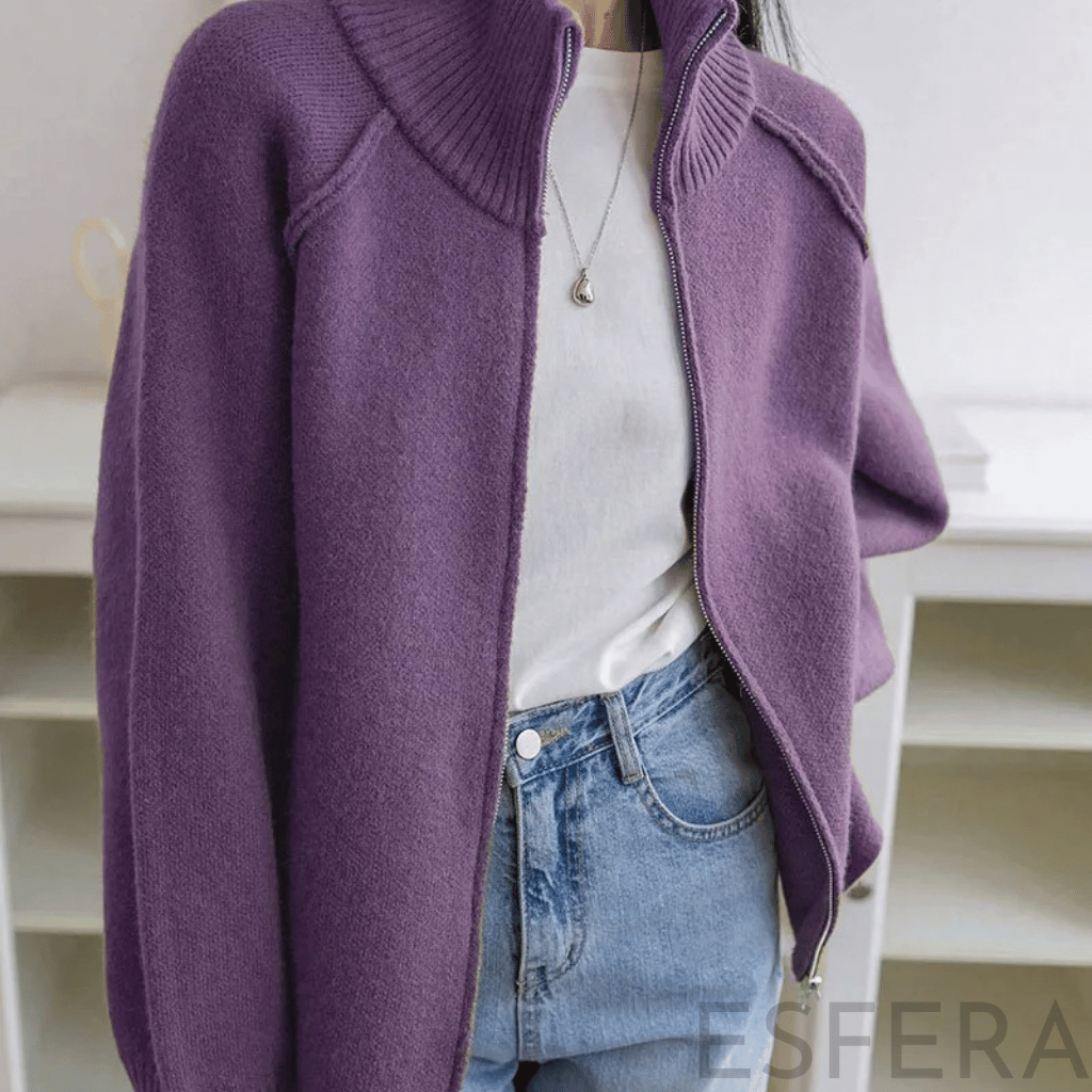 Cardigan Mulher de Tricô com Gola Alta e Zíper Lilás