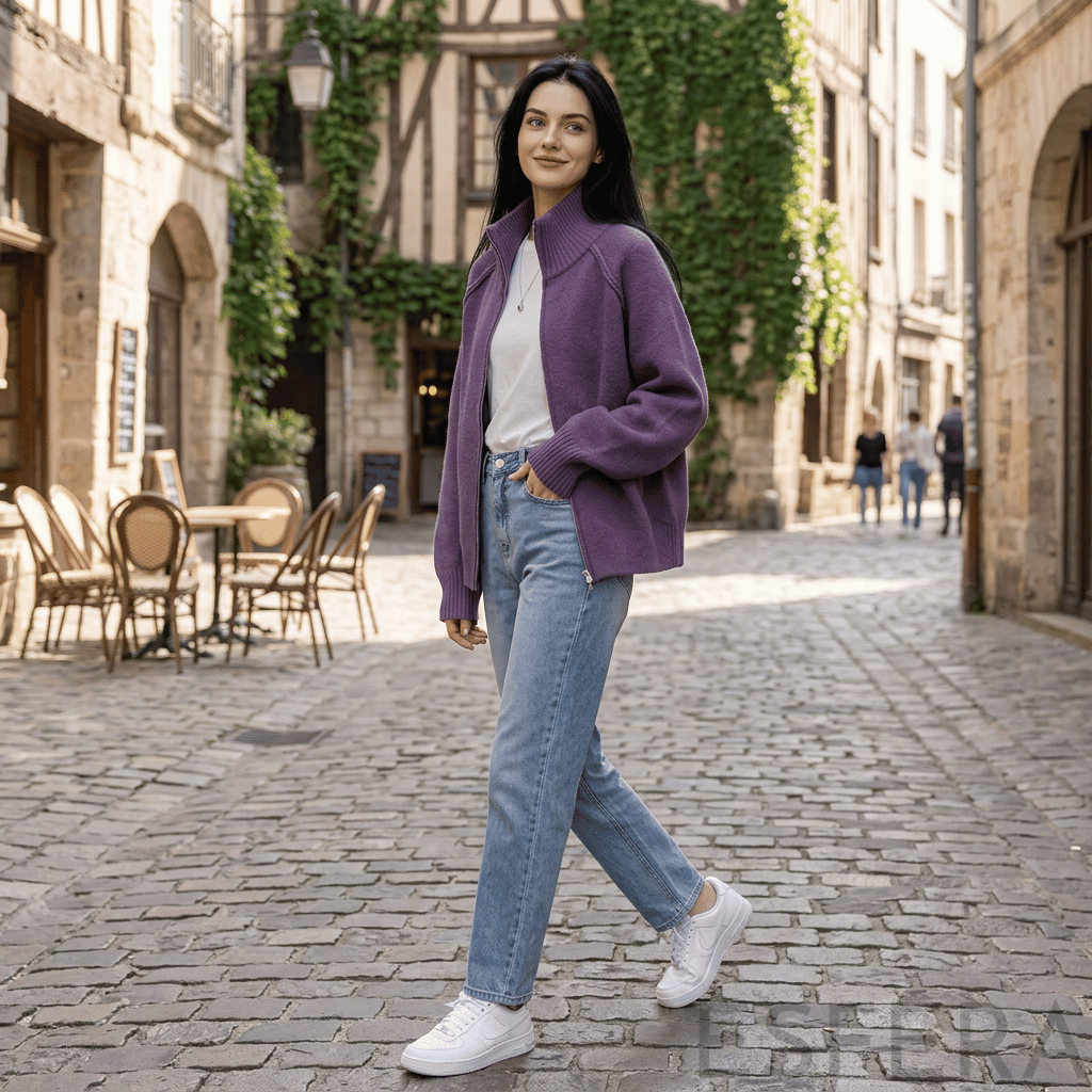 Cardigan Mulher de Tricô com Gola Alta e Zíper Lilás
