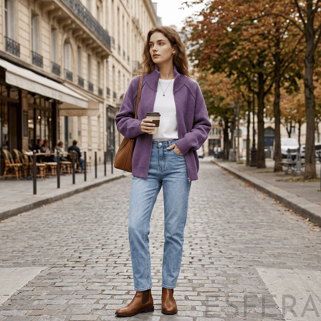 Cardigan Mulher de Tricô com Gola Alta e Zíper Lilás