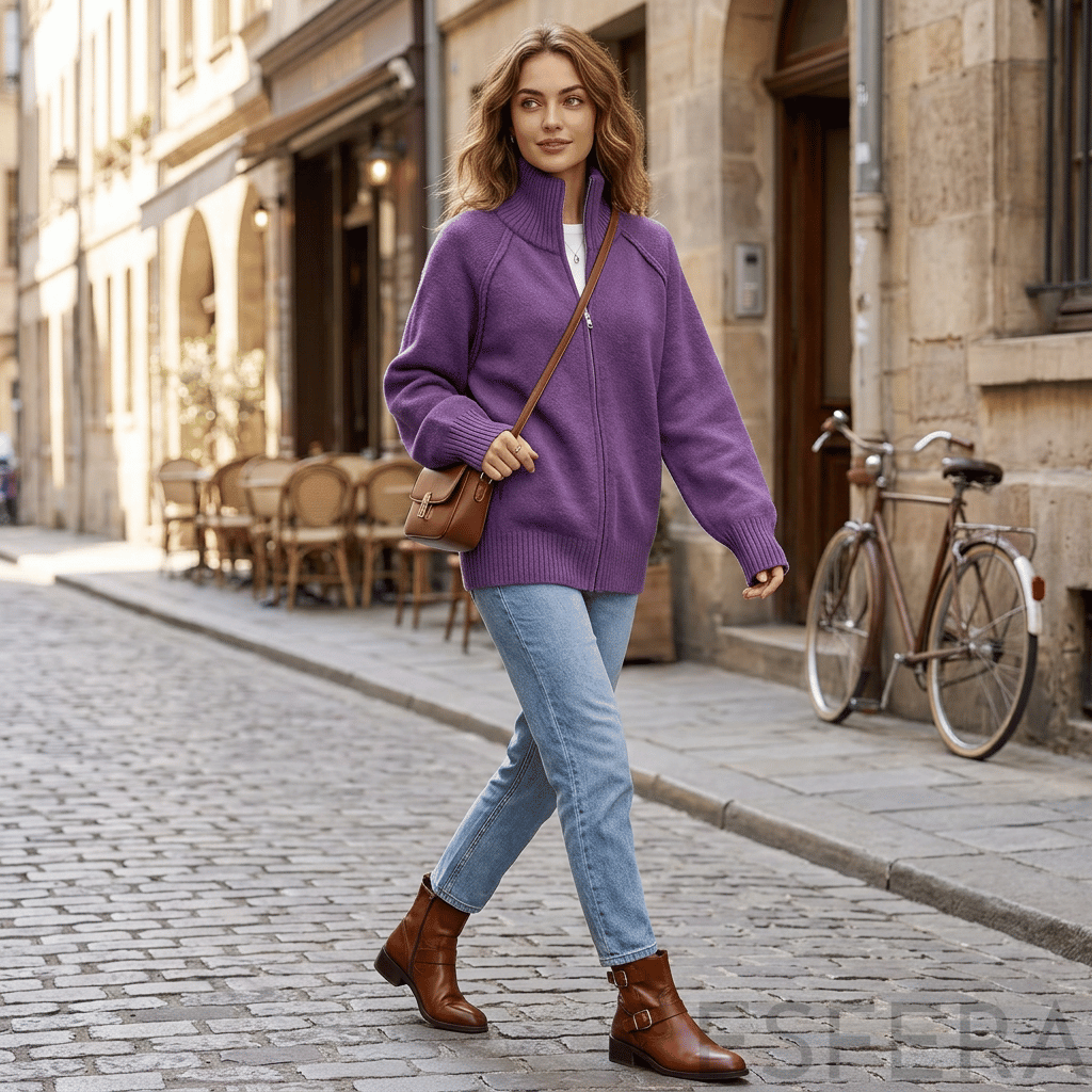 Cardigan Mulher de Tricô com Gola Alta e Zíper Lilás