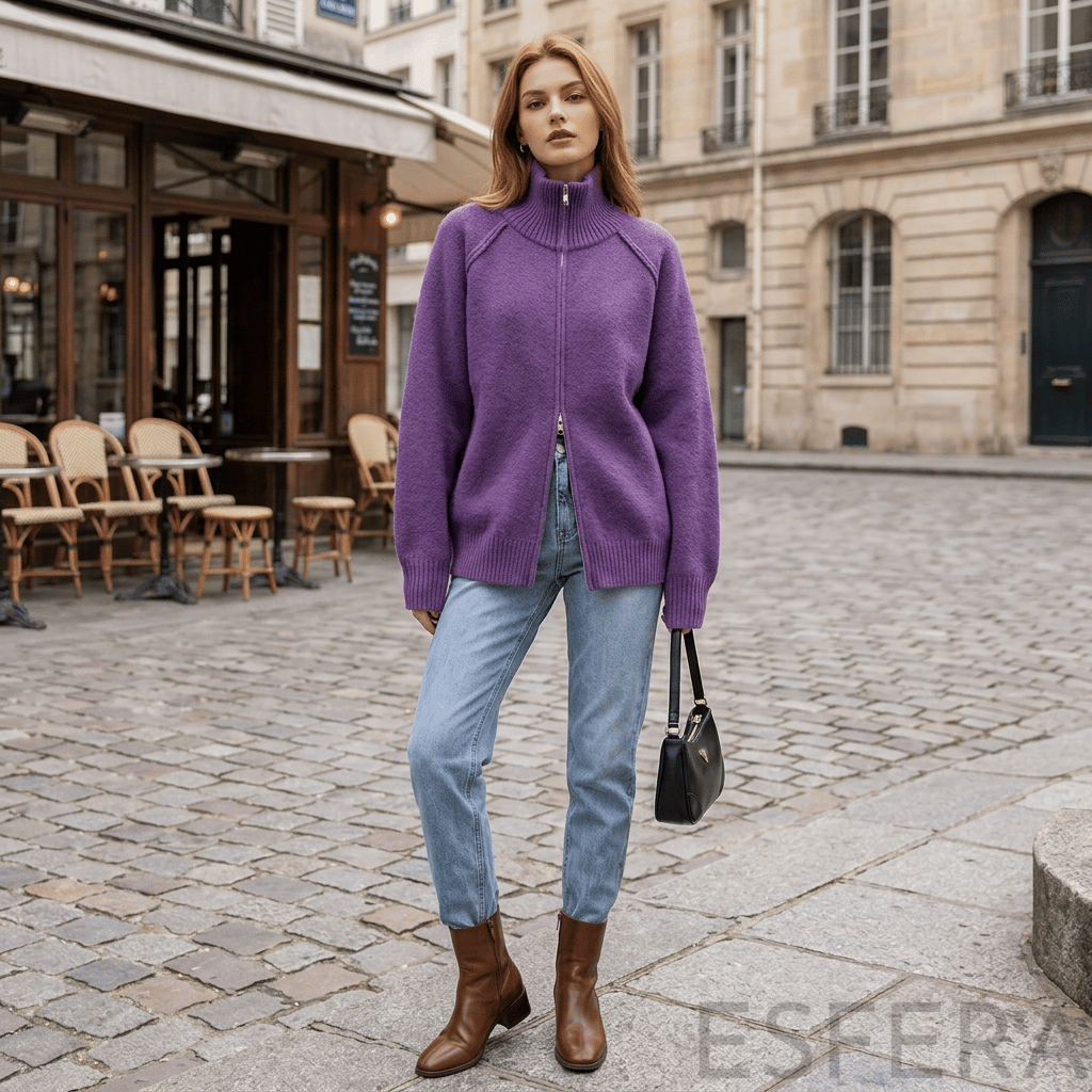 Cardigan Mulher de Tricô com Gola Alta e Zíper Lilás